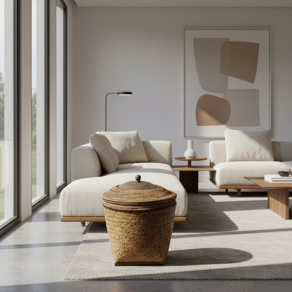 Woven basket with a lid from Indonesia. A perfect laundry basket.