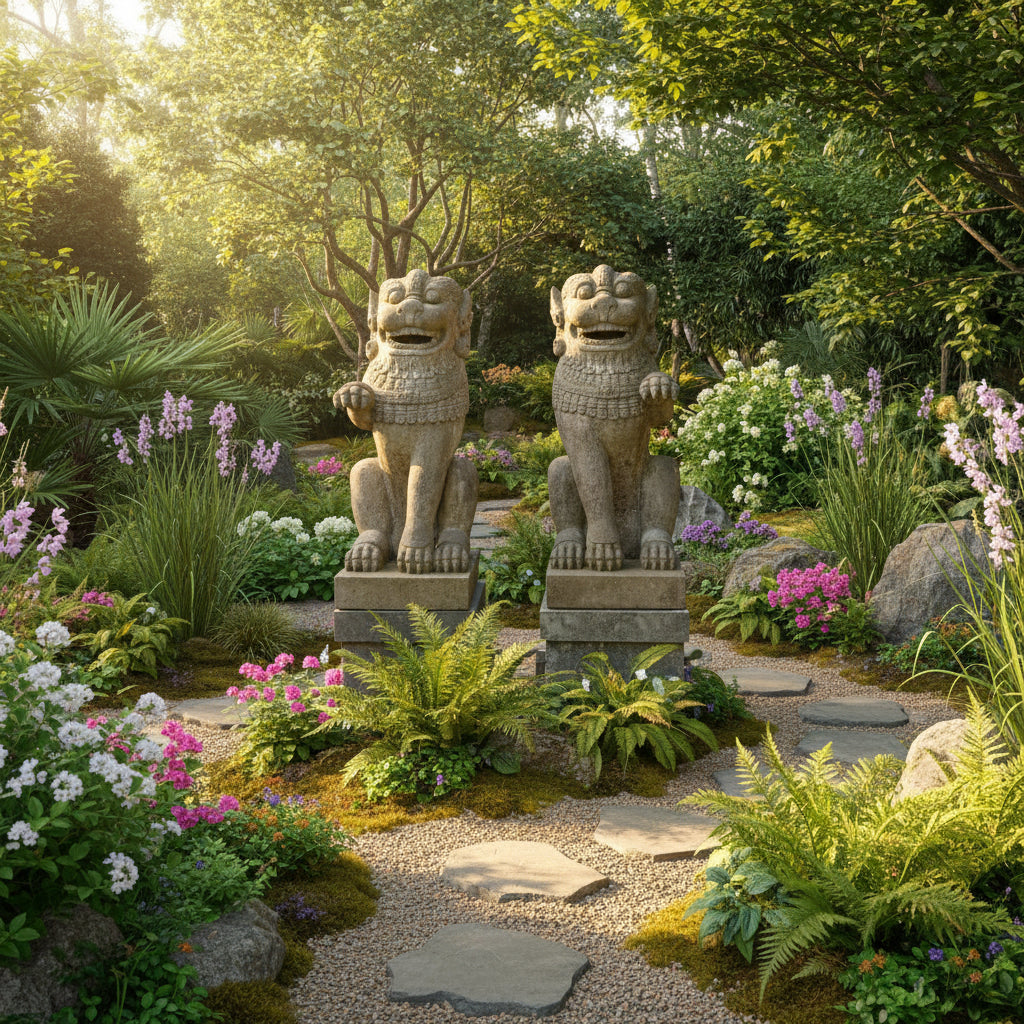 Two stone lion statues in  a beautiful garden