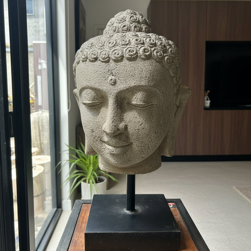 A large stone Buddha head on a stand in a contemporary Australian home