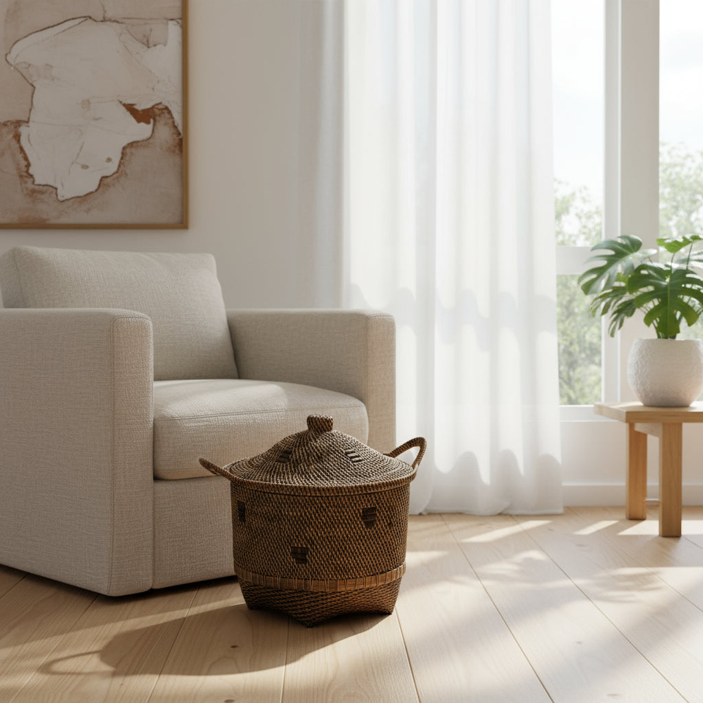 Woven basket with a lid and handles