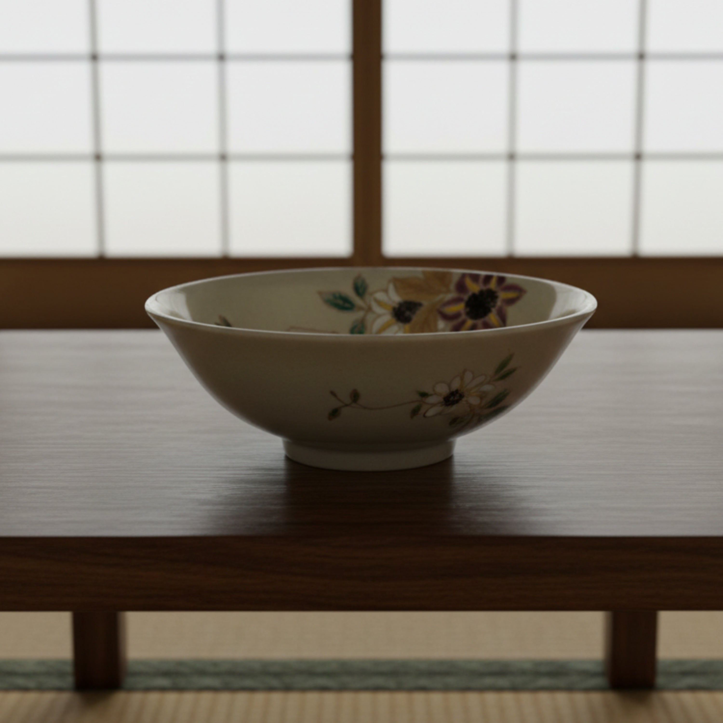 A small beige ceramic bowl with a hand-painted floral design featuring gold, purple, green, and white flowers on the inner side