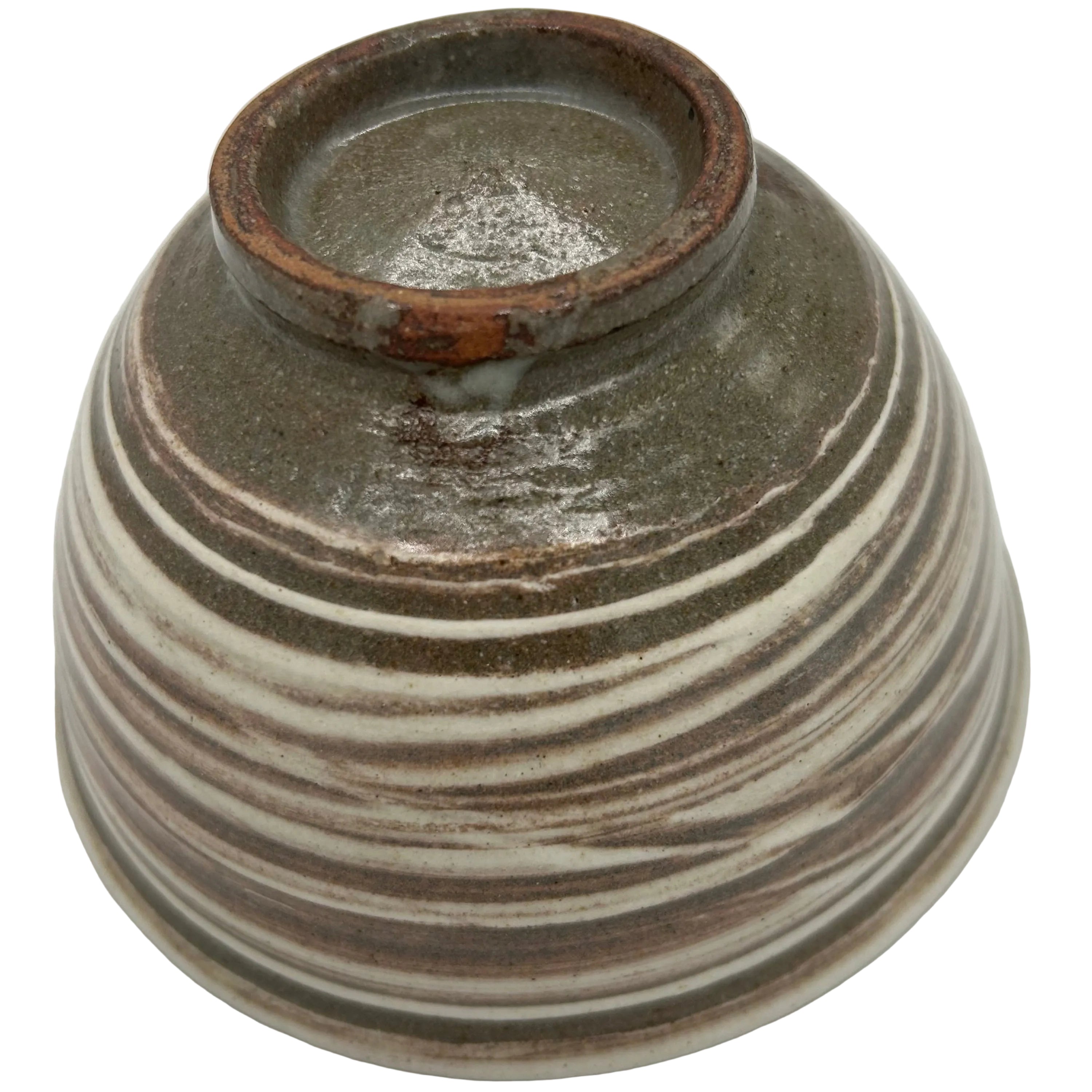 A Japanese pottery tea bowl with beautiful internal decoration and a wonderful swirling glaze on the outside.