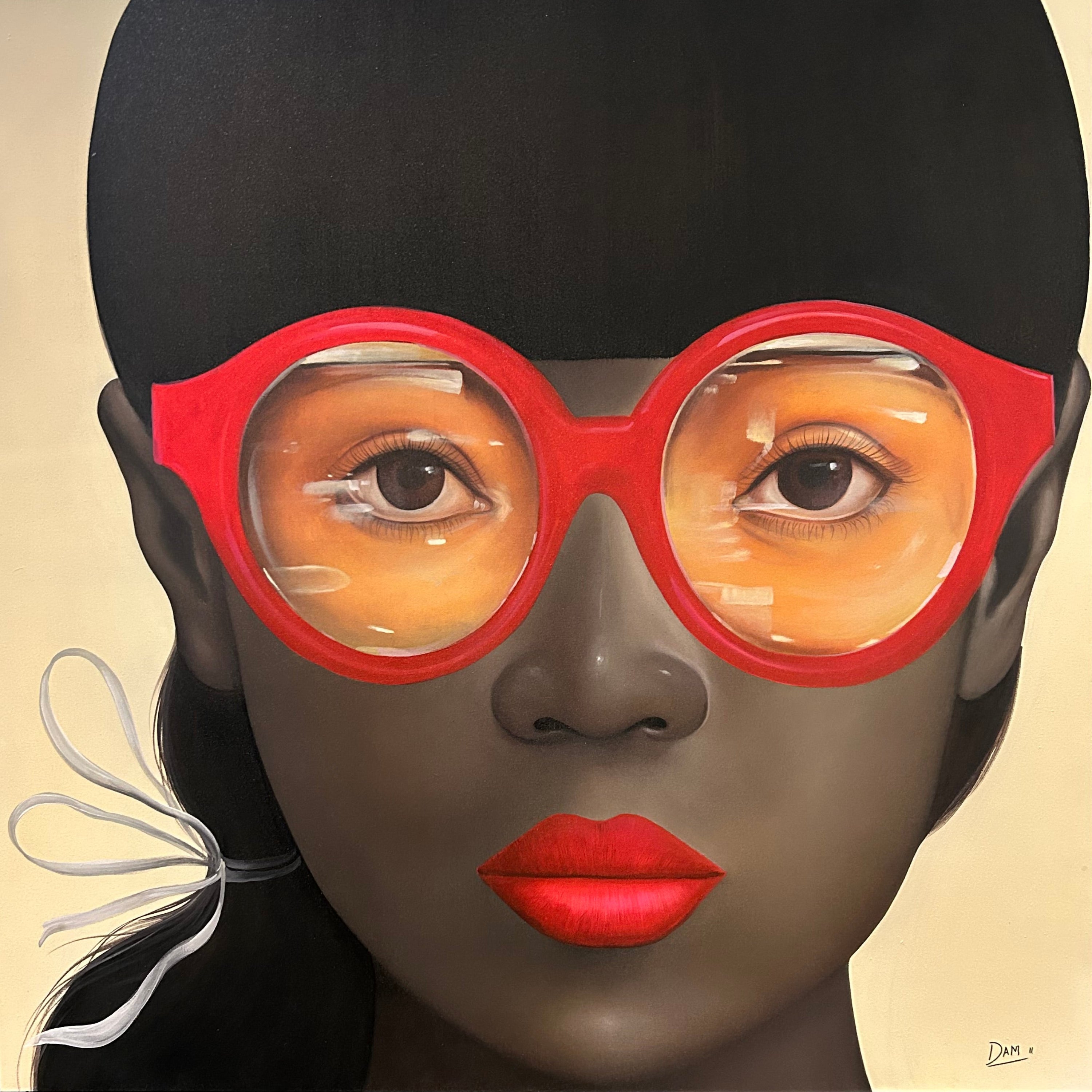 Artistic depiction of a face with red sunglasses on a textured wall.