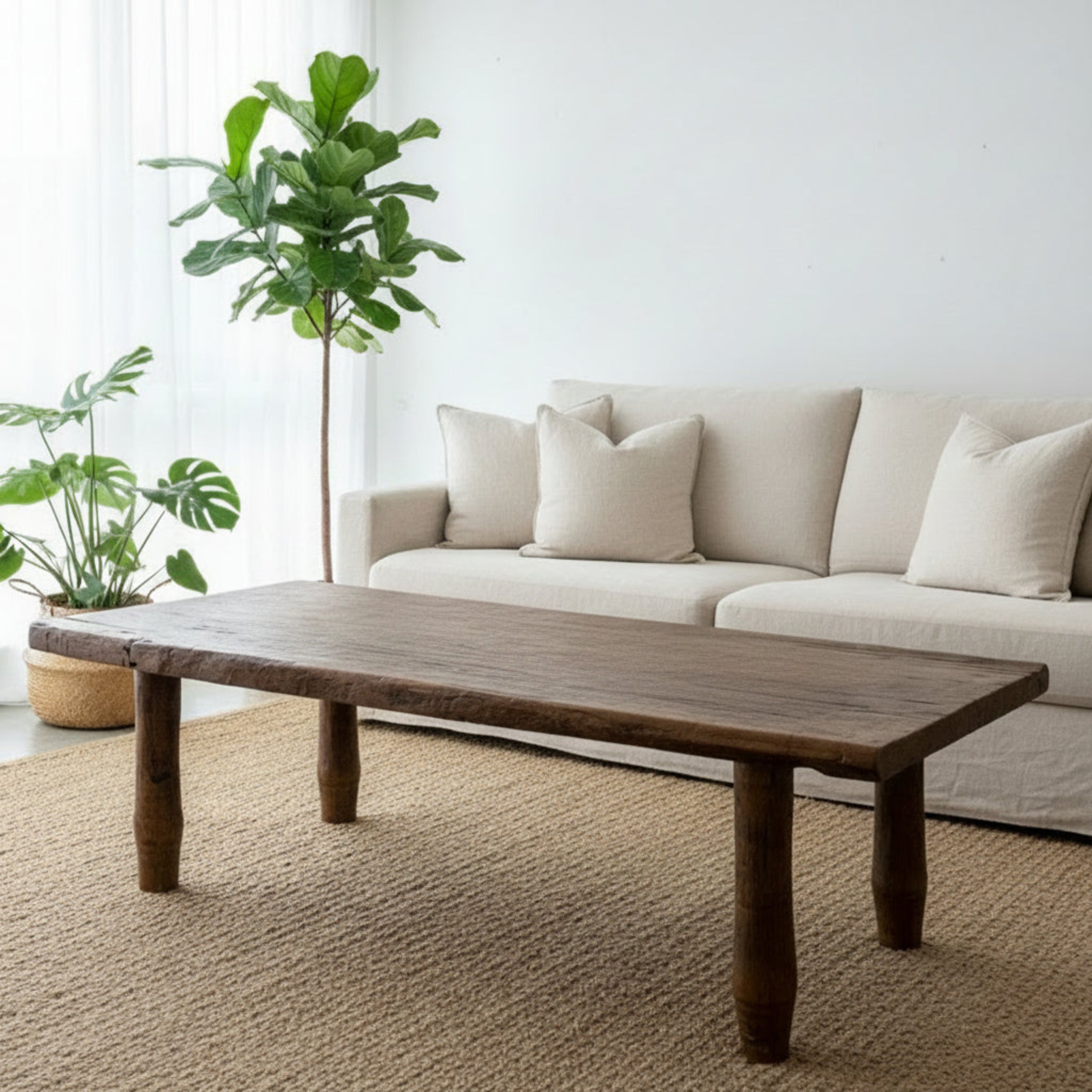 This folk art coffee table is crafted from recycled teak wood, celebrating the natural beauty and character of the timber. Its solid construction gives it a strong, grounded presence.