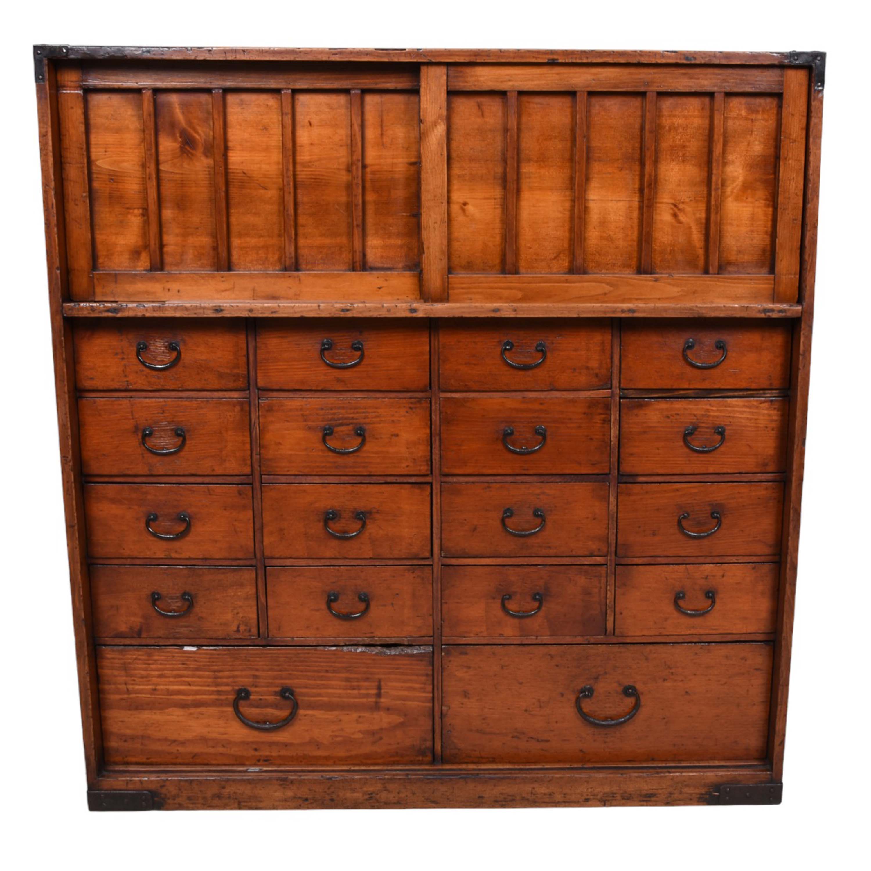 Kazari Japanese cedar 18 drawer merchant's shop storage chest - choba dansu. Meiji period, late 19th century.
