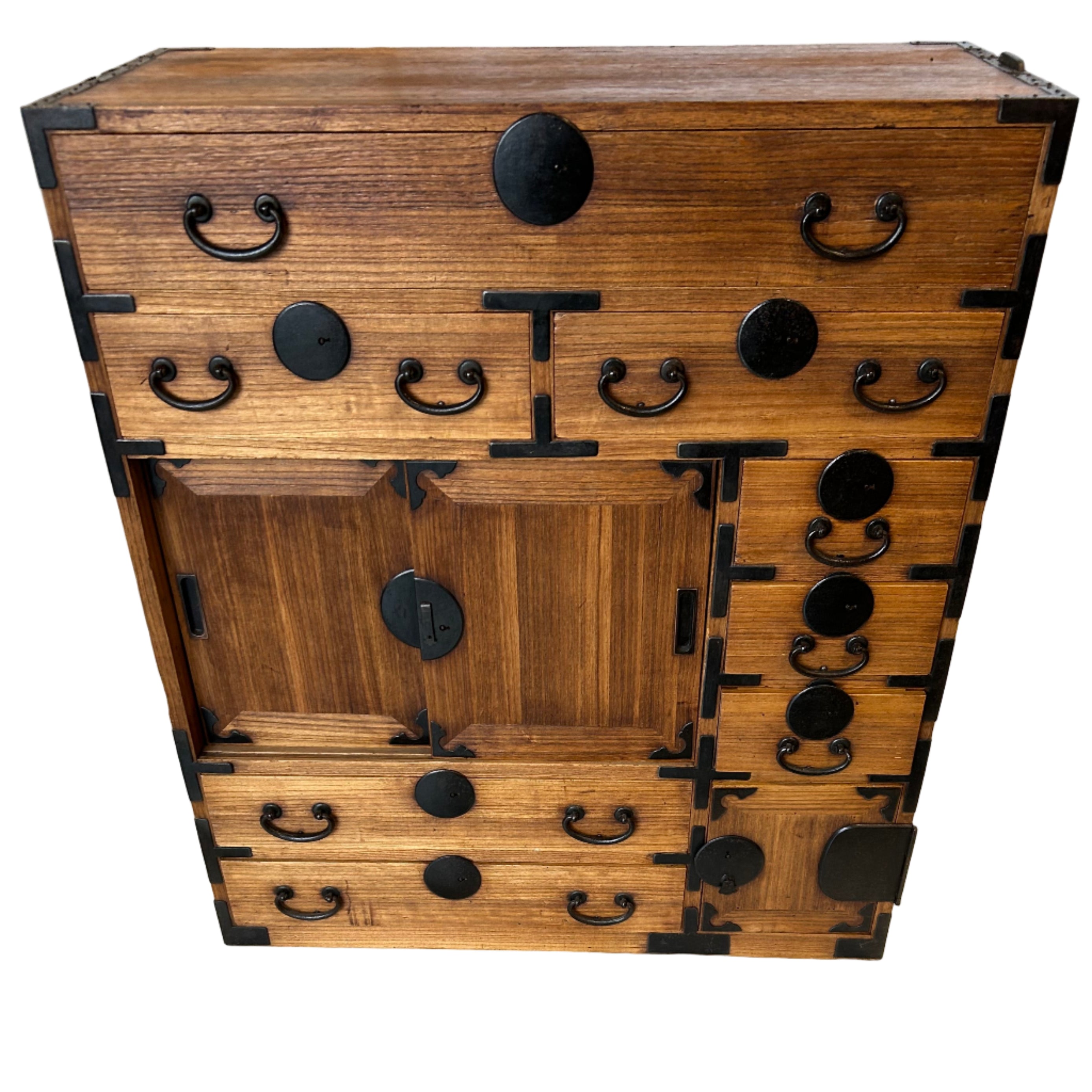 A handsome Japanese shop storage chest (choba-dansu). Made from paulownia wood with iron hardware. MEIJI period early 20thC.