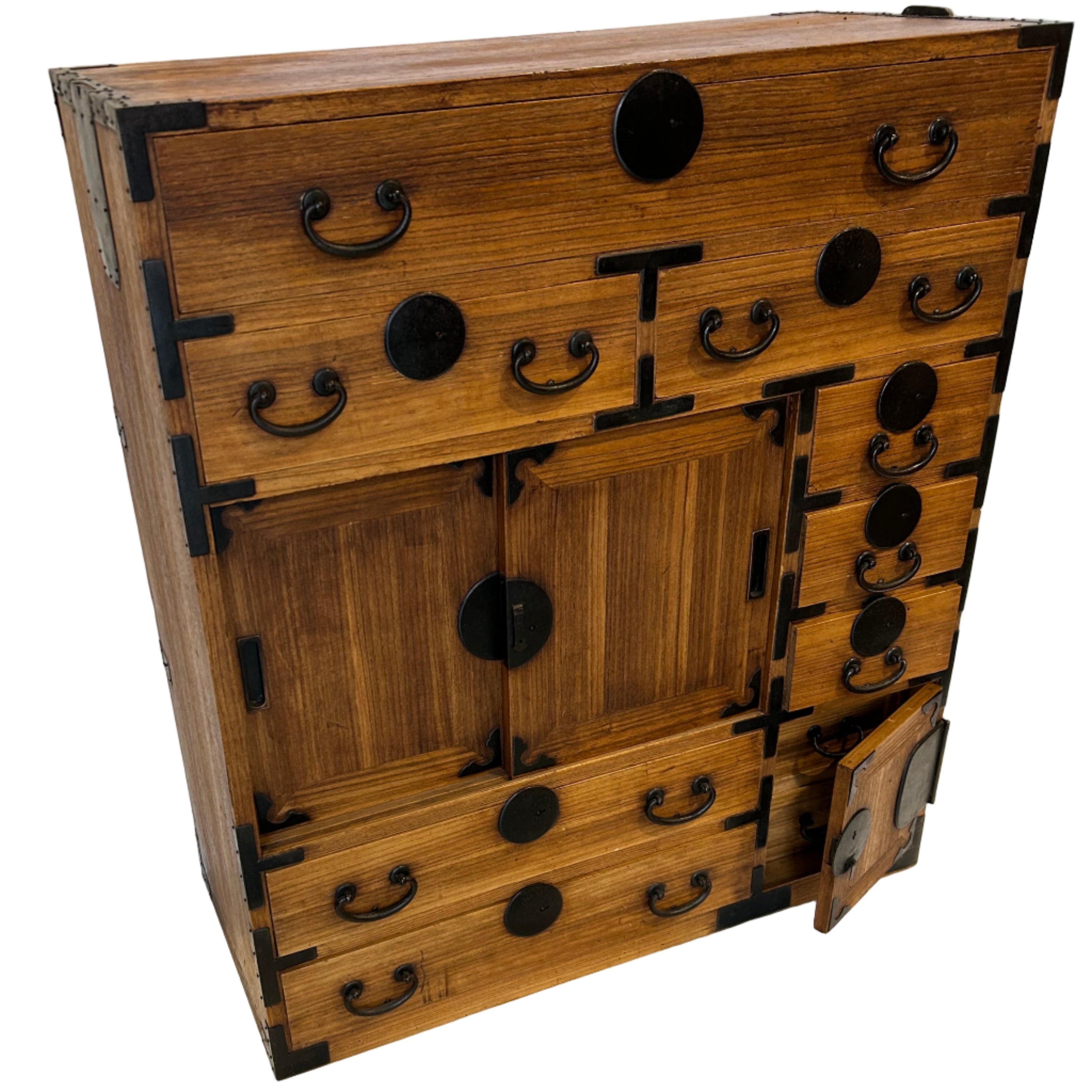 A handsome Japanese shop storage chest (choba-dansu). Made from paulownia wood with iron hardware. MEIJI period early 20thC.