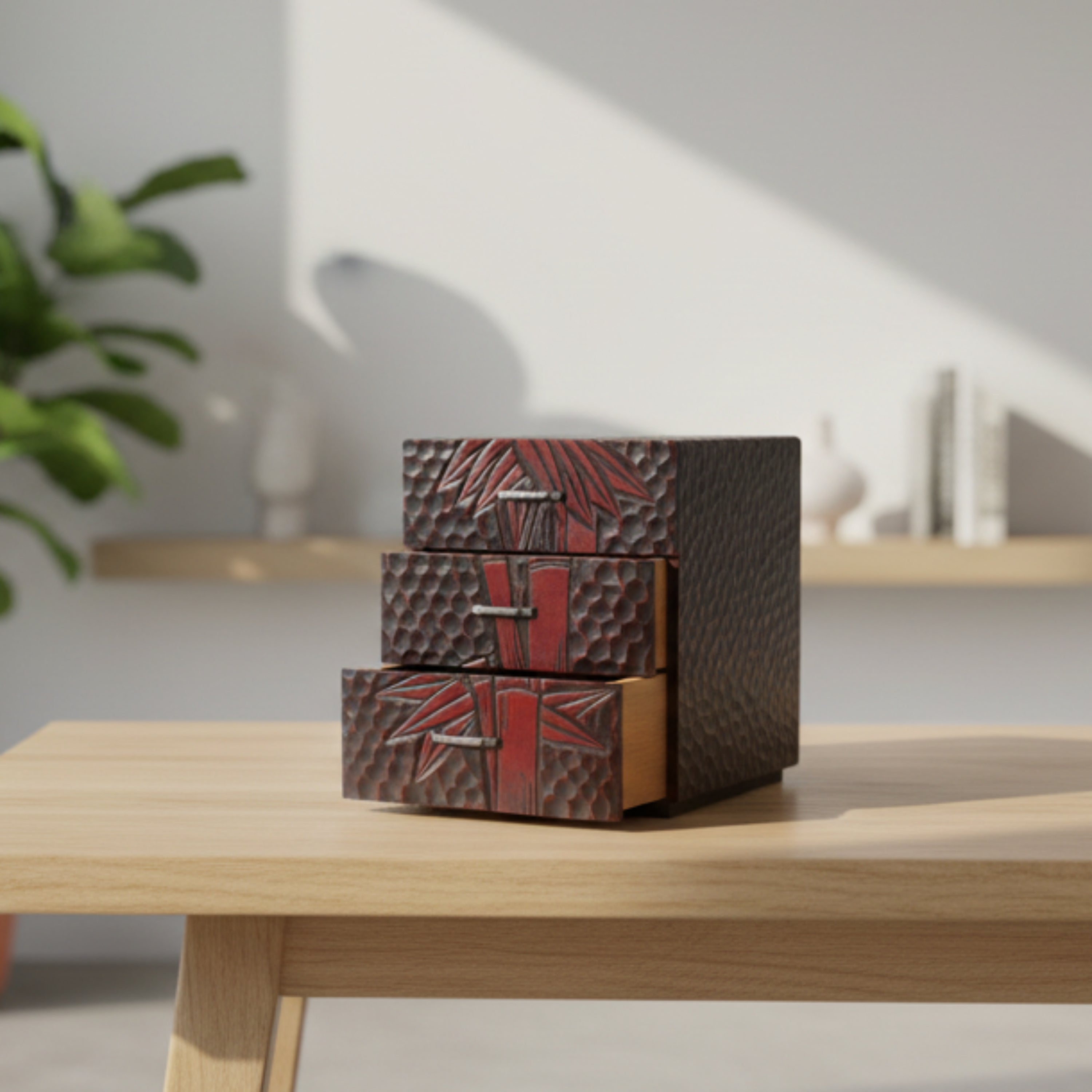 Japanese hand carved Kamakura lacquer chest. A small storage chest with a carved bamboo motif. 20th Century.