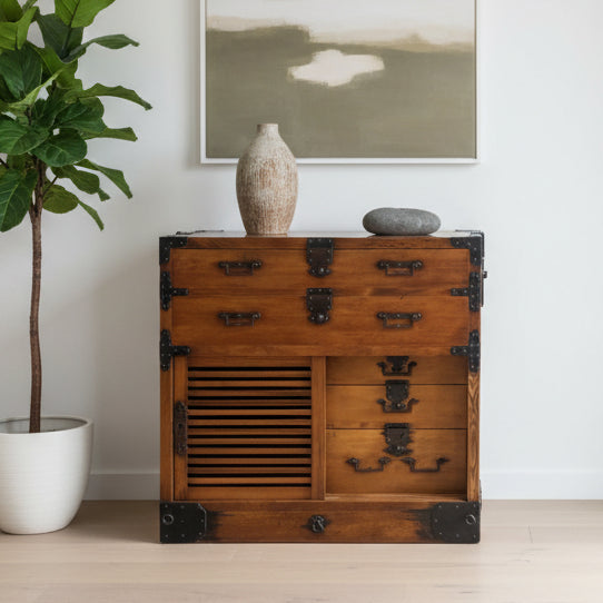 A substantial Japanese chest from the EDO period , crafted with a cypress exterior and a cedar wood interior - finished with iron hardware.