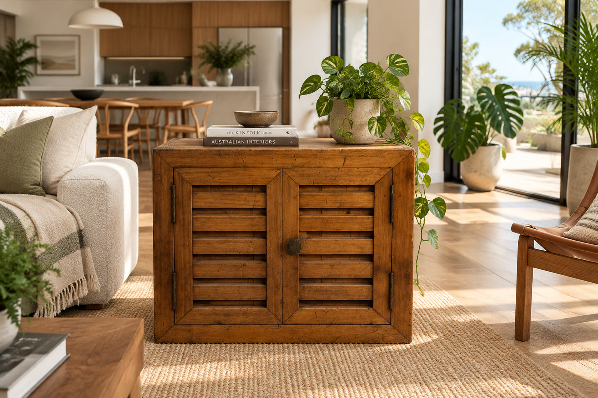 A rare, custom-made Taisho-period safe crafted from durable cypress wood. Dating to c.1920, this exceptional piece features a distinctive ribbed façade and double thickness walls, combining structural strength with elegant design.