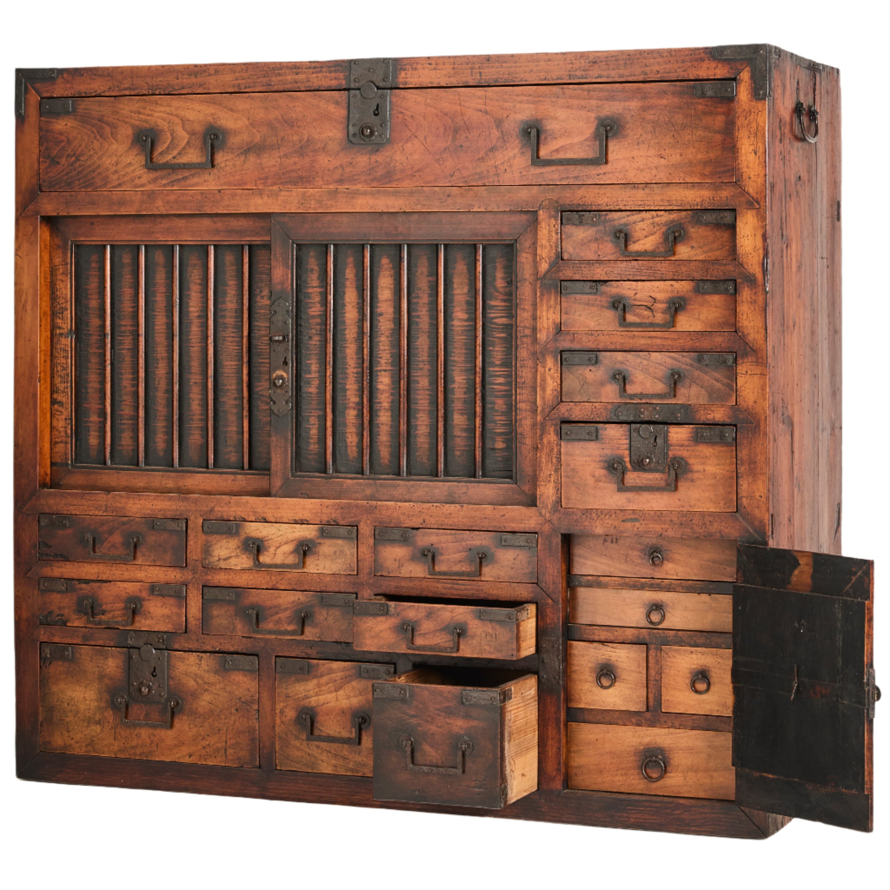 A handsome Japanese shop storage chest (choba-dansu). Made from cypress and cedar woods with iron hardware.&nbsp; EDO period C1840.