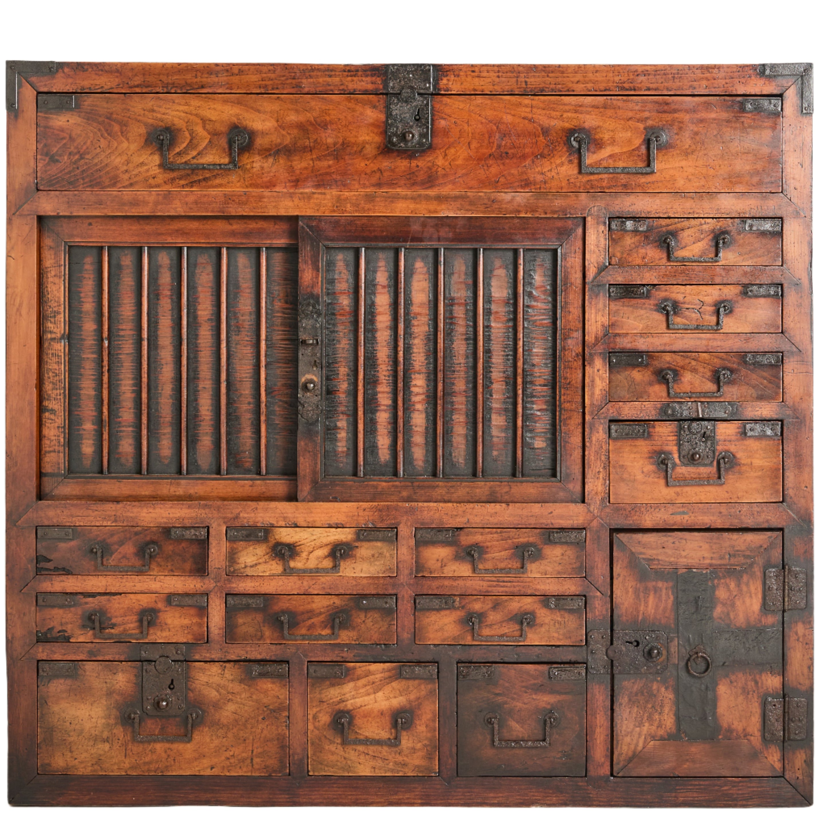 A handsome Japanese shop storage chest (choba-dansu). Made from cypress and cedar woods with iron hardware.&nbsp; EDO period C1840.