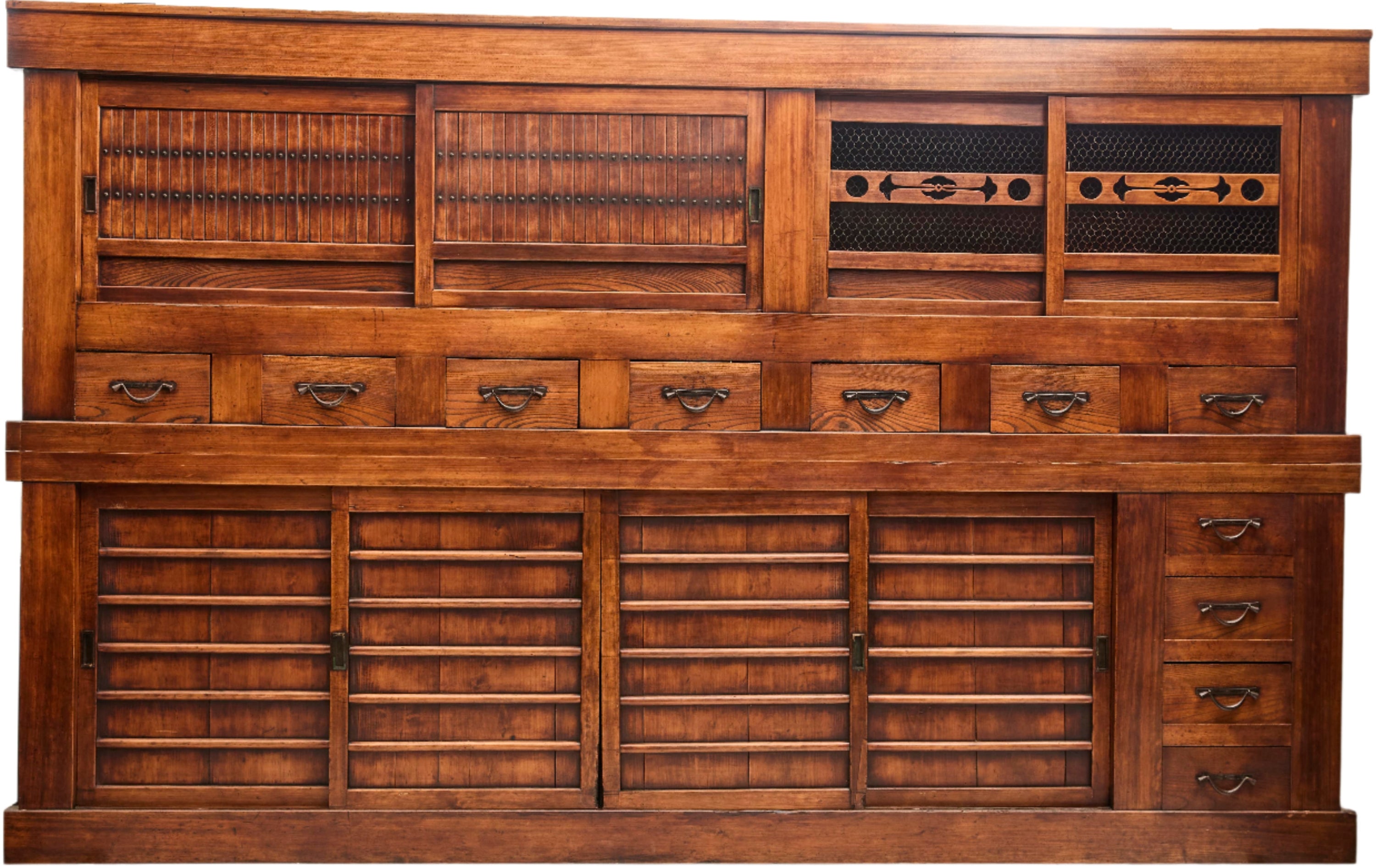 Japanese mizuya KU-SHAKU - approximately 9 feet long kitchen cabinet. Made from cypress, cedar and zelkova woods. From Shiga prefecture. EDO period C1850.