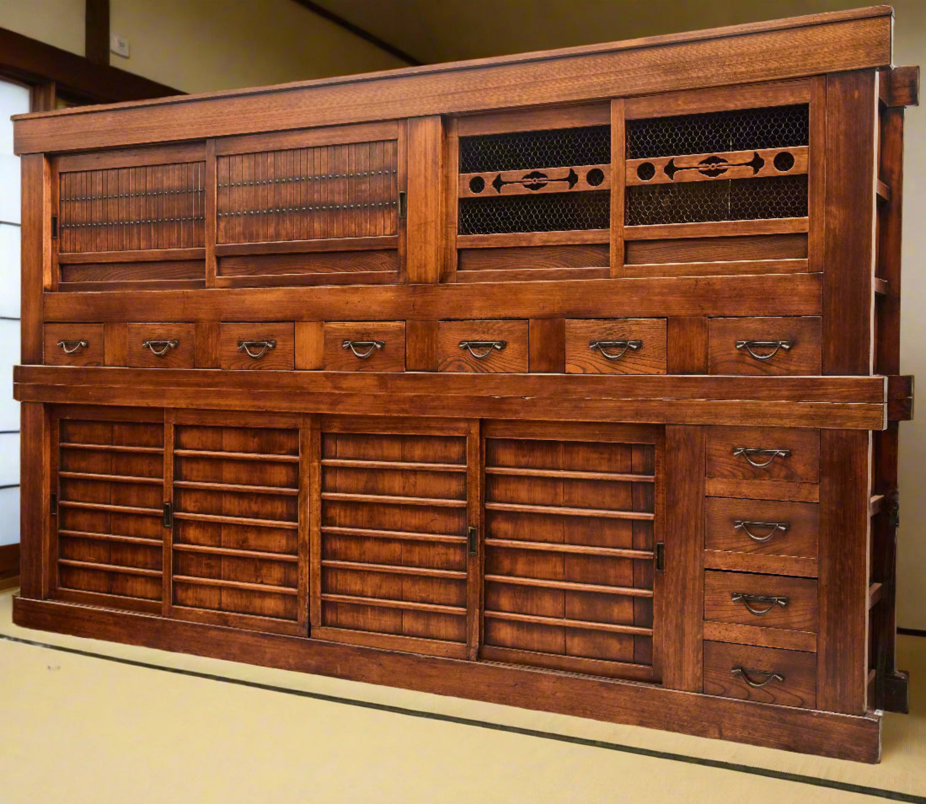 Japanese mizuya KU-SHAKU - approximately 9 feet long kitchen cabinet. Made from cypress, cedar and zelkova woods. From Shiga prefecture. EDO period C1850.