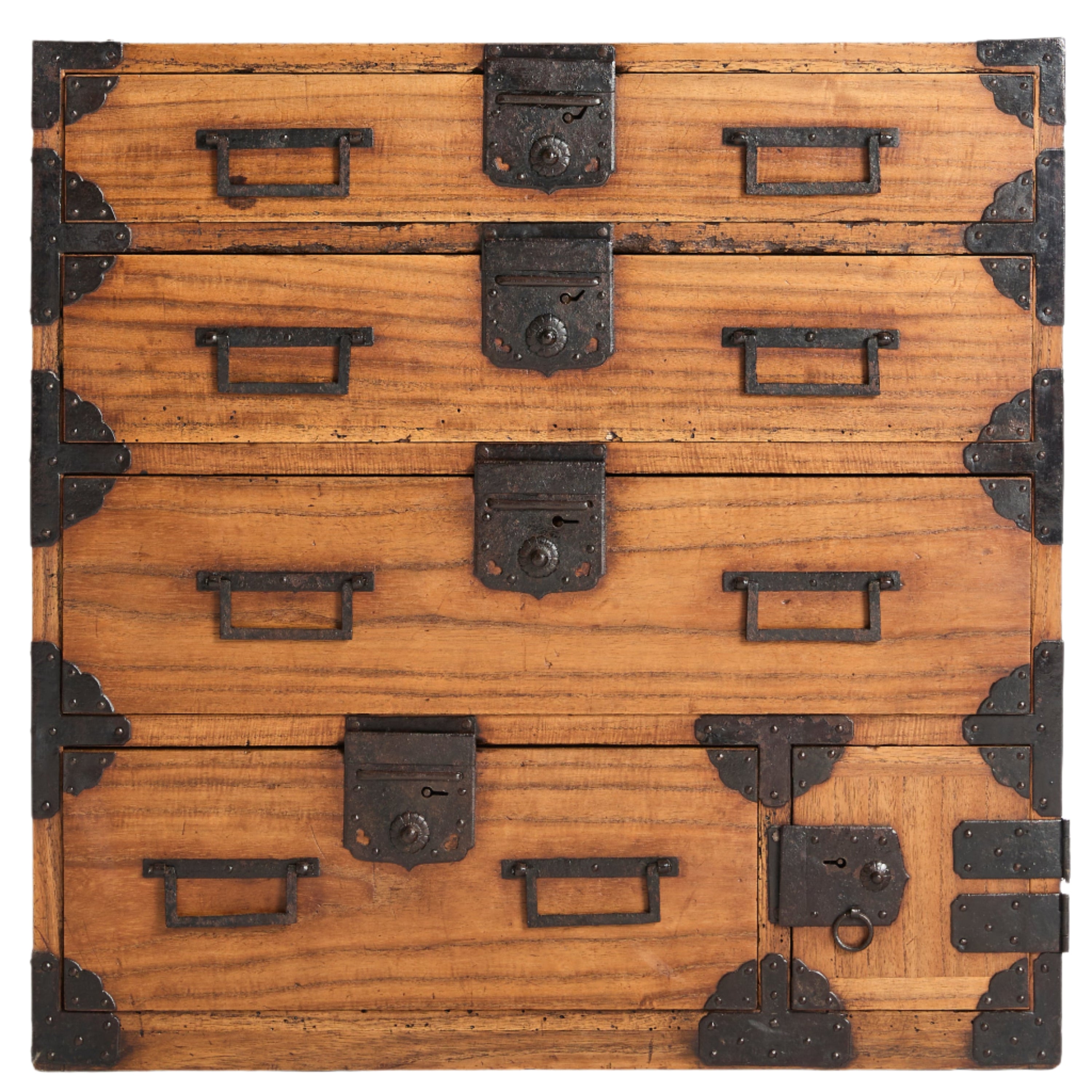 Japanese paulownia wood chest of 4 external and 2 internal drawers with iron hardware. 19thC.