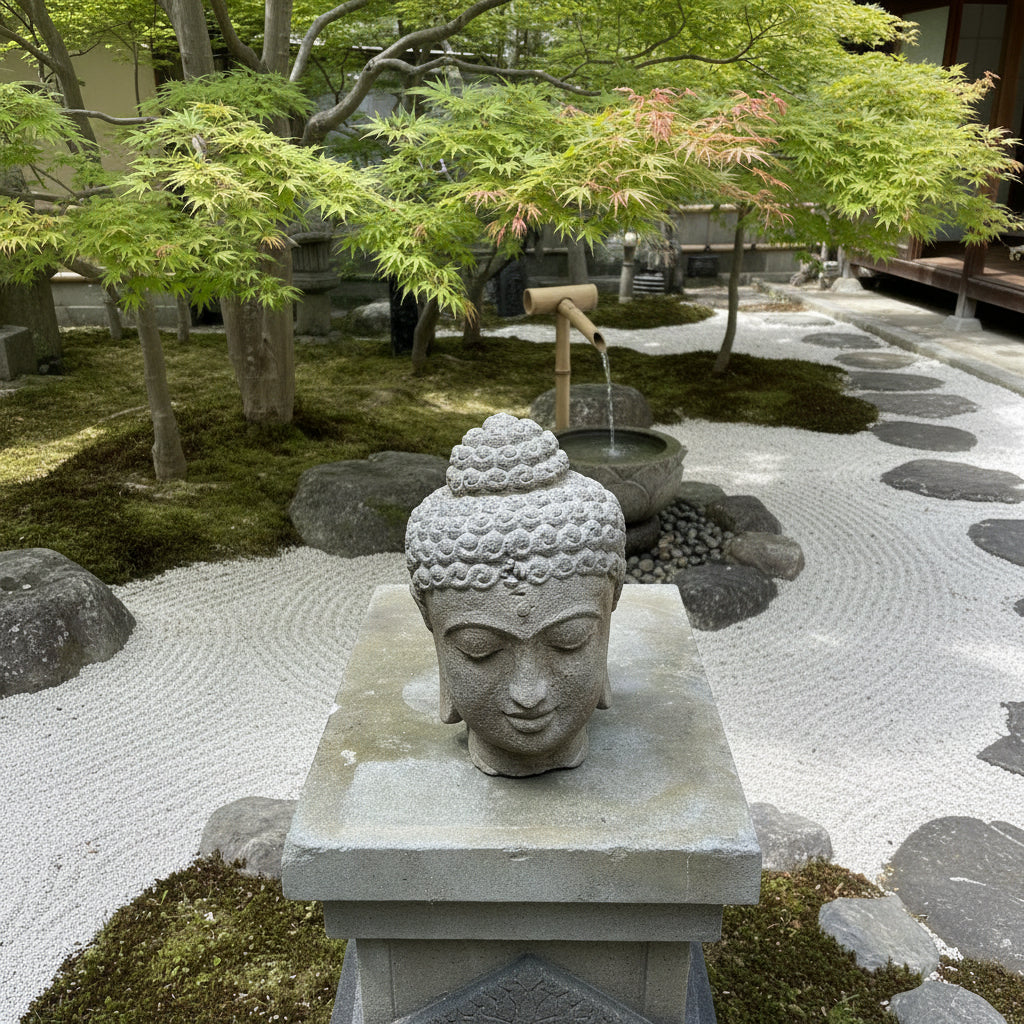 A hand carved stone Buddha head from Indonesia