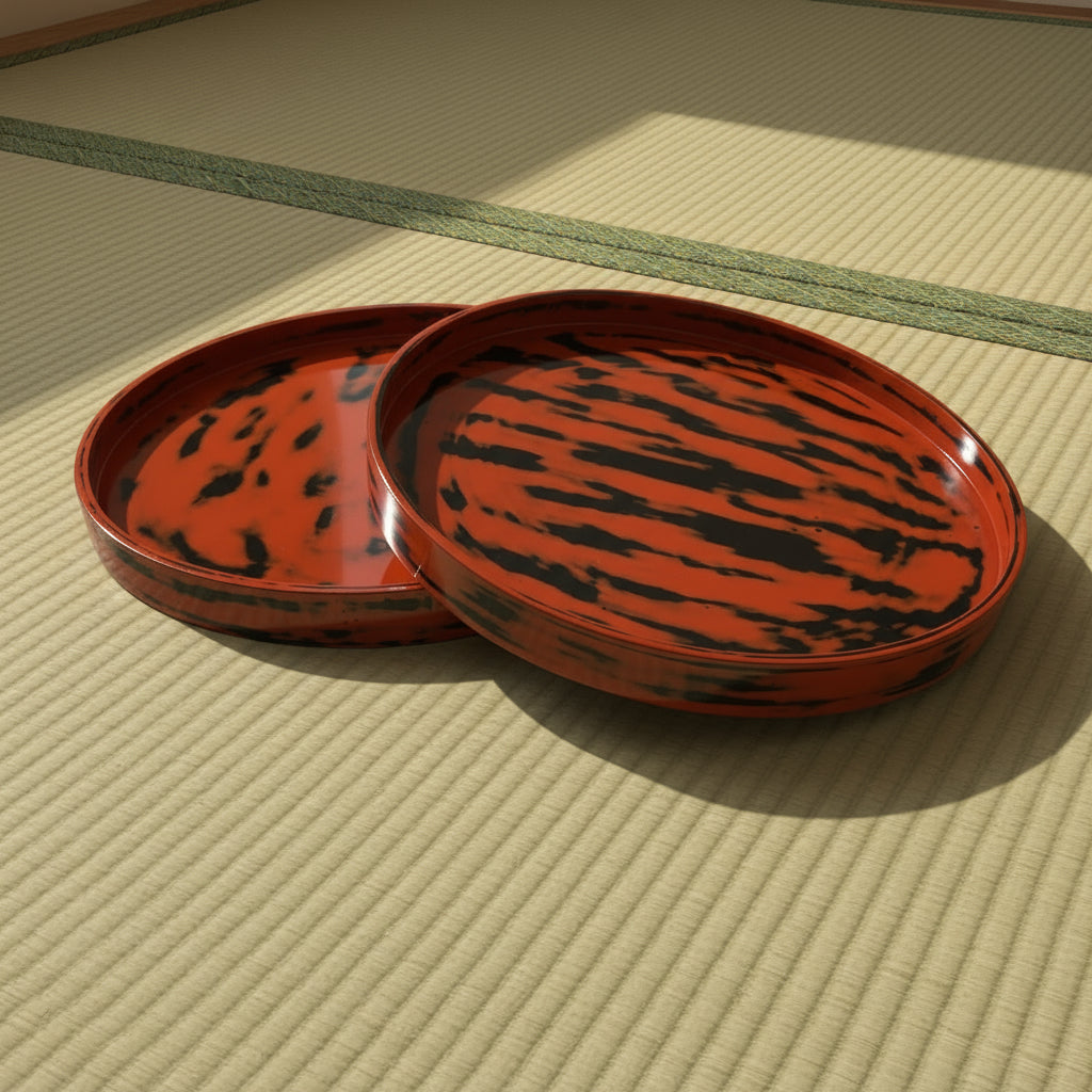 A pair of Japanese Negoro style lacquer trays - one slightly larger than the other.