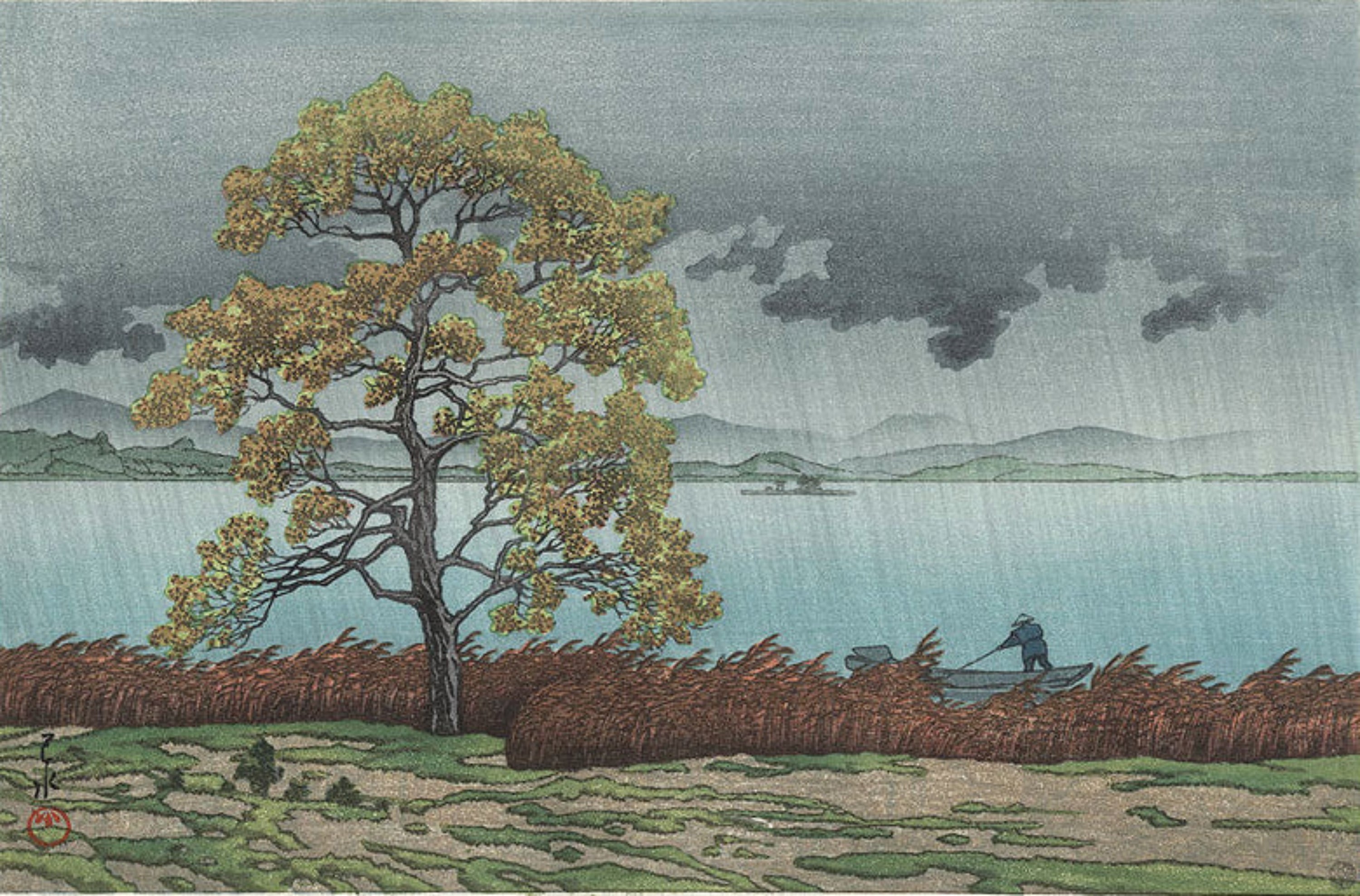 Lake Shore of Matsue in Rain (Matsue kohan no ame) 1932. Hasui Kawase