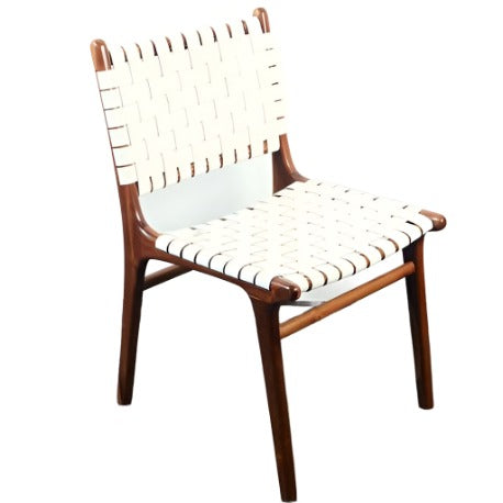 Danish style white leather strapped chairs - perfect for a beach house or if you are looking for something light and bright. We have a surplus of stock and that is why they are on sale - take advantage of this bargain price.
This chair is made from leather and sustainably sourced teak.