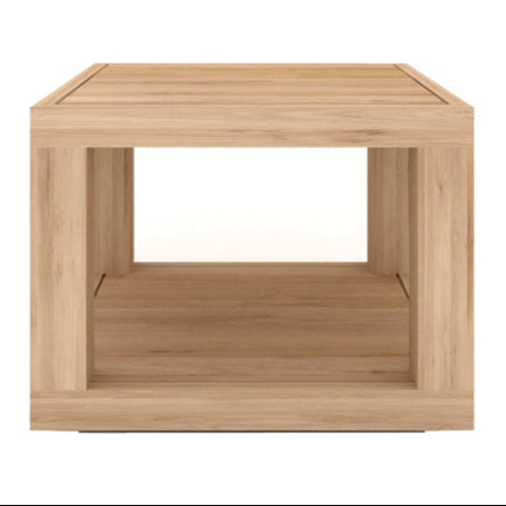 A minimalist European oak duplex side table with a natural finish, featuring a dual-level design.