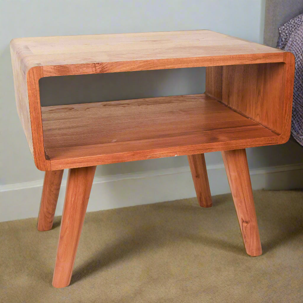 A contemporary Scandinavian (MCM) style bedside table made by fine craftsmen from solid (not veneer or laminate) and sustainably sourced teak. Multiple available.