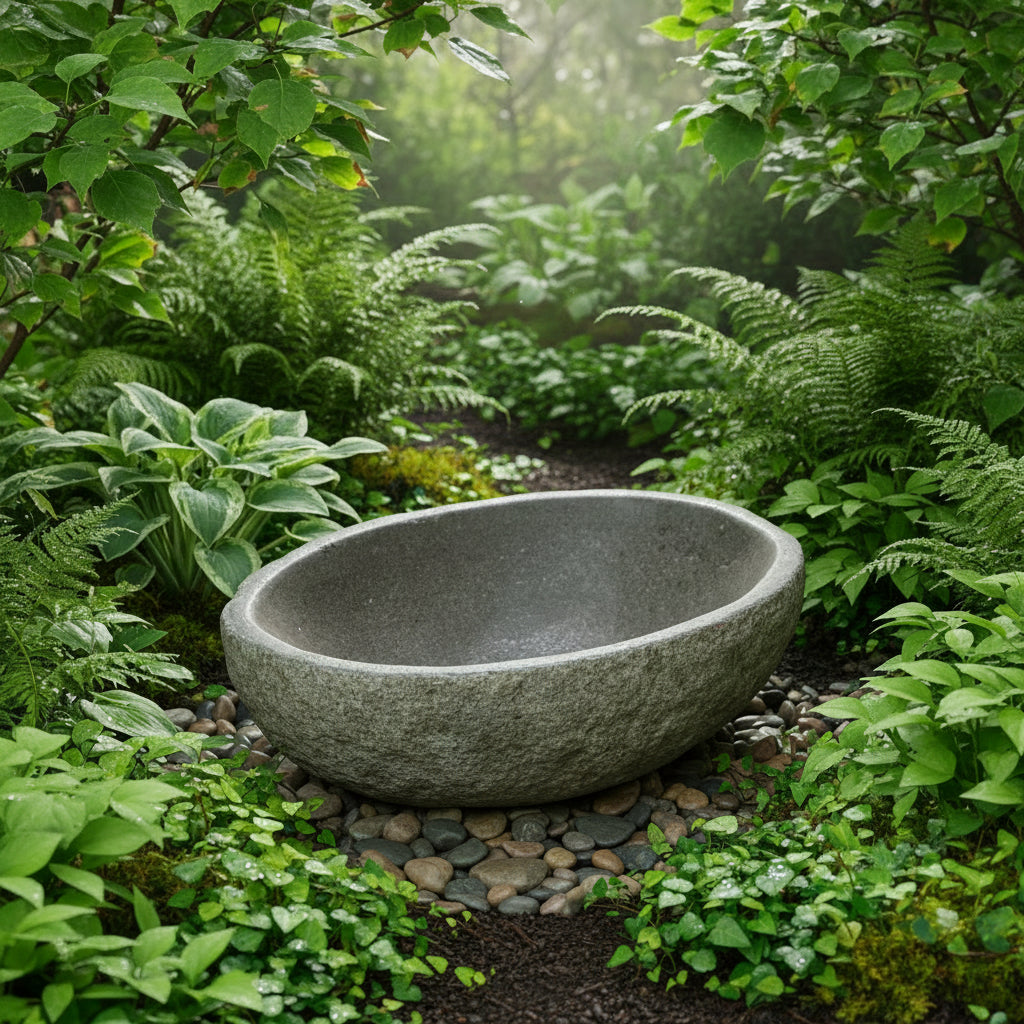 A polished basalt stone water bowl with a natural finish exterior and a smooth, polished interior.