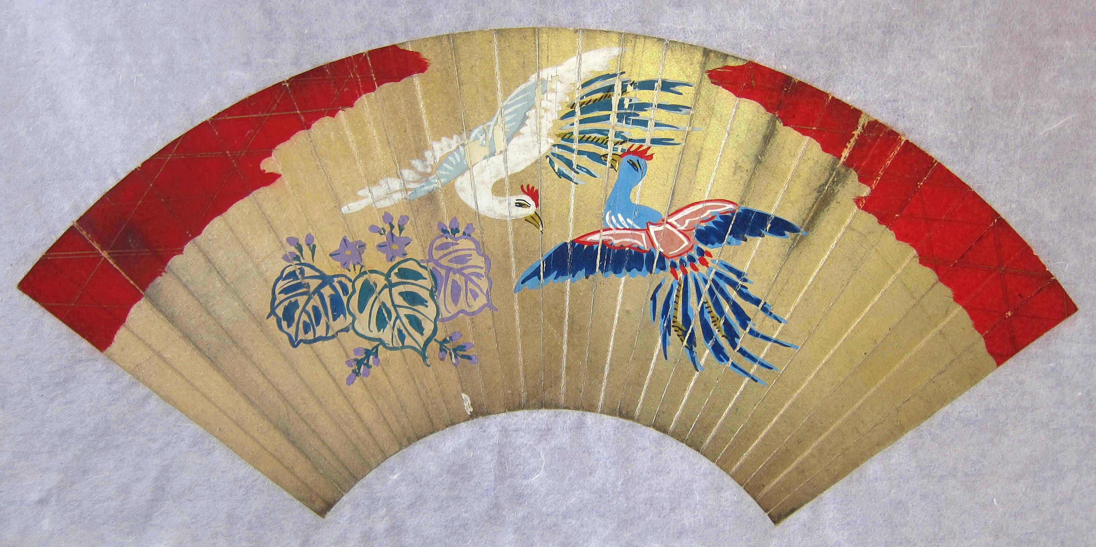 Antique Japanese Fan Painting with Flying Phoenixes and Paulownia Leaves, Meiji Period – Early 20th Century.