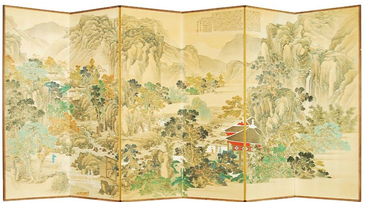 Vintage Japanese screen featuring a serene literati landscape painting. Elegant 20th-century artwork embodying simplicity and poetic natural beauty.