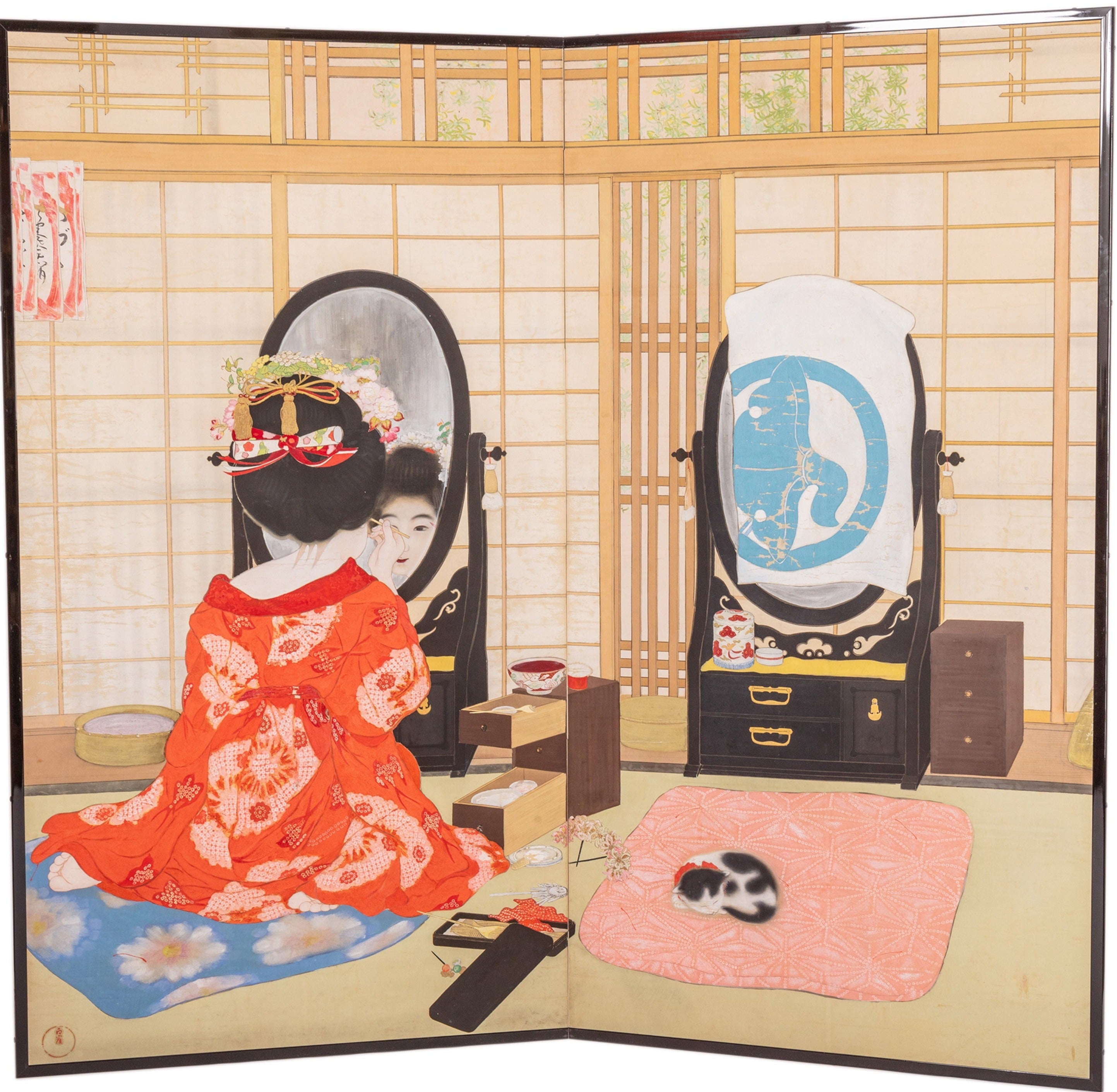 Antique 2-panel Japanese screen of a Maiko applying makeup. Circa 1920. Graceful and intimate Kyoto scene in good antique condition.