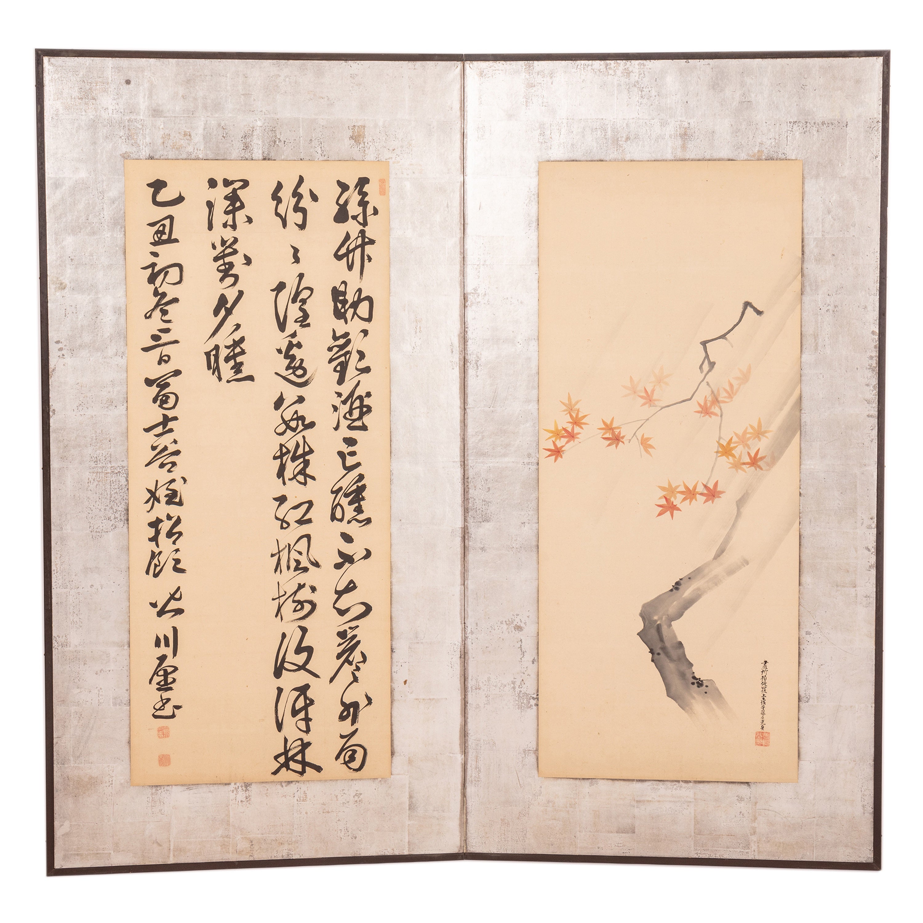Two-Panel Japanese Screen with Calligraphy and Minimalist Maple Tree Painting – Late Meiji Period, Circa 1900