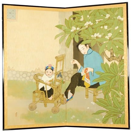 Japanese 2-Panel Screen – Study of an Okinawan Mother and Child, Taisho Period, Early 20th Century, Signed by Matsumura Baiso (1884–1935)