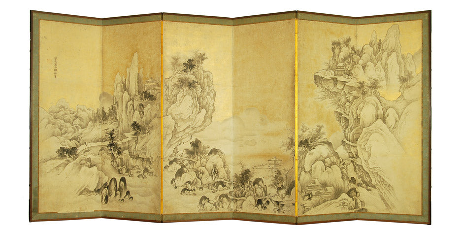Antique Japanese Literati Screen – Classical Chinese Landscape, Signed Soga Shohaku, Late Edo Period, 19th Century