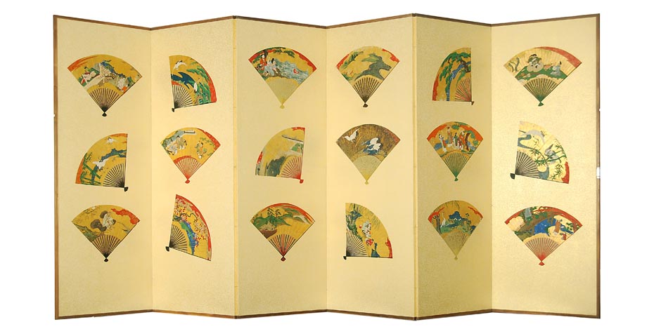One of a Pair of Japanese Screens with Painted Meiji Period Fans (Sensu) on Gold Speckled Paper - stunning Japanese screen features 18 beautifully painted fans