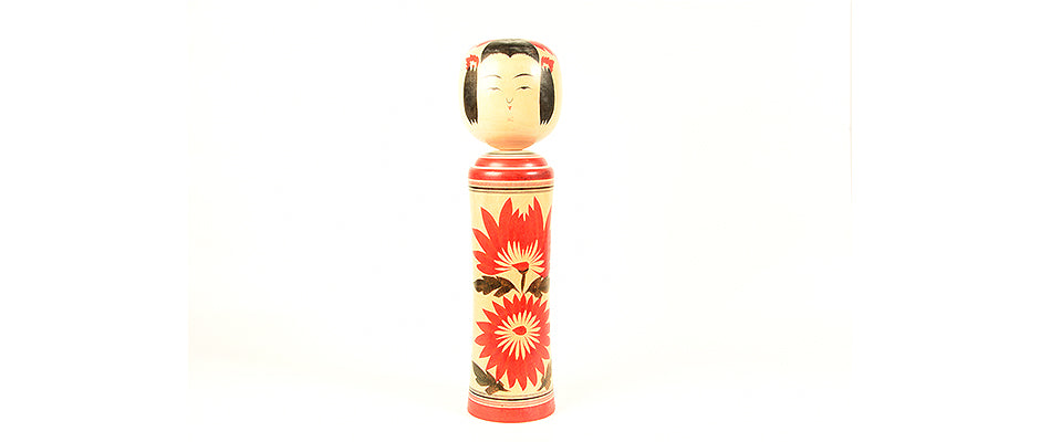 Large Vintage Japanese Traditional Kokeshi from the NARUKO family. Good strong colour on fine grained wood.