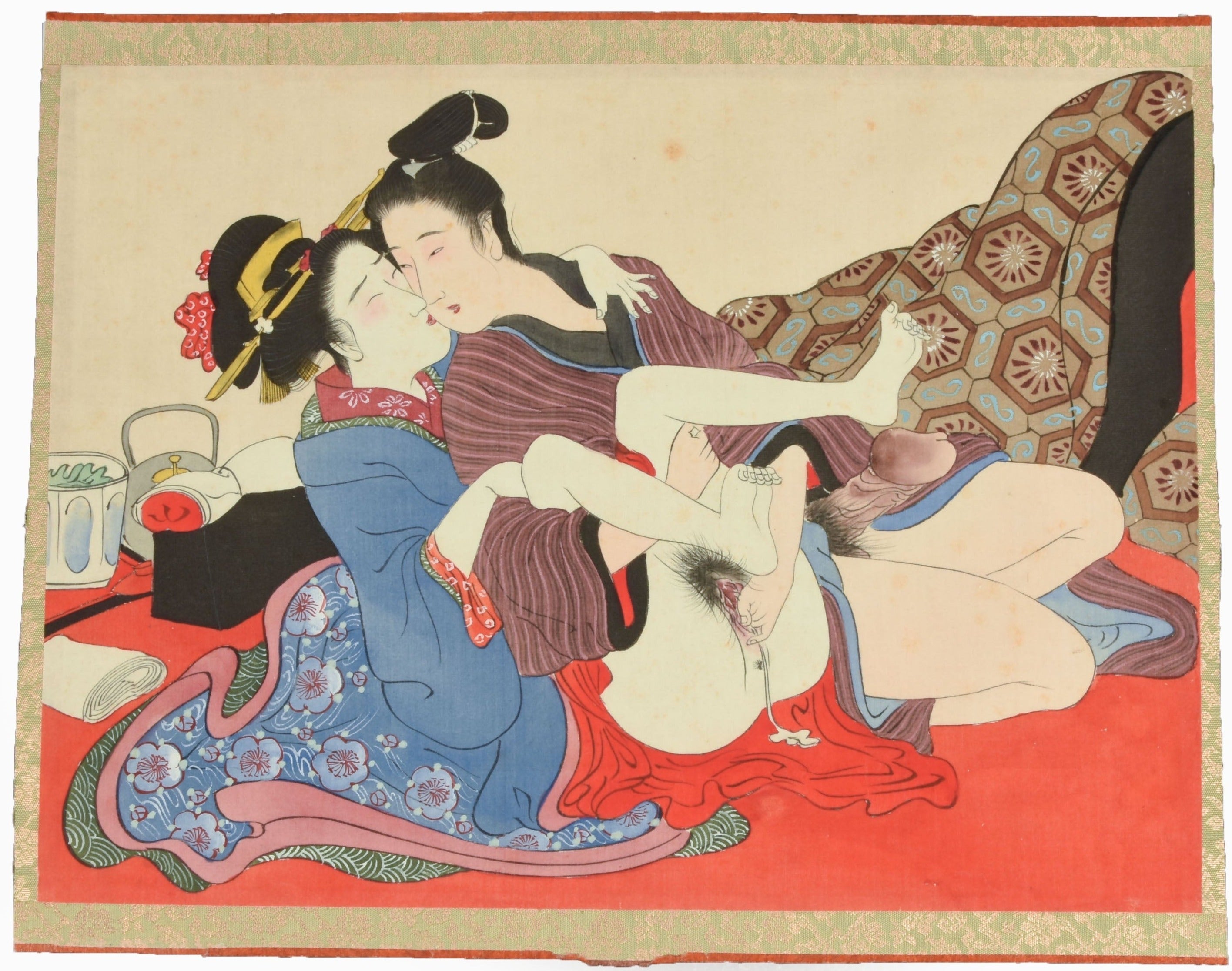 Antique Japanese Shunga painting, Meiji period. Silk brocade mount - in woodblock print format.