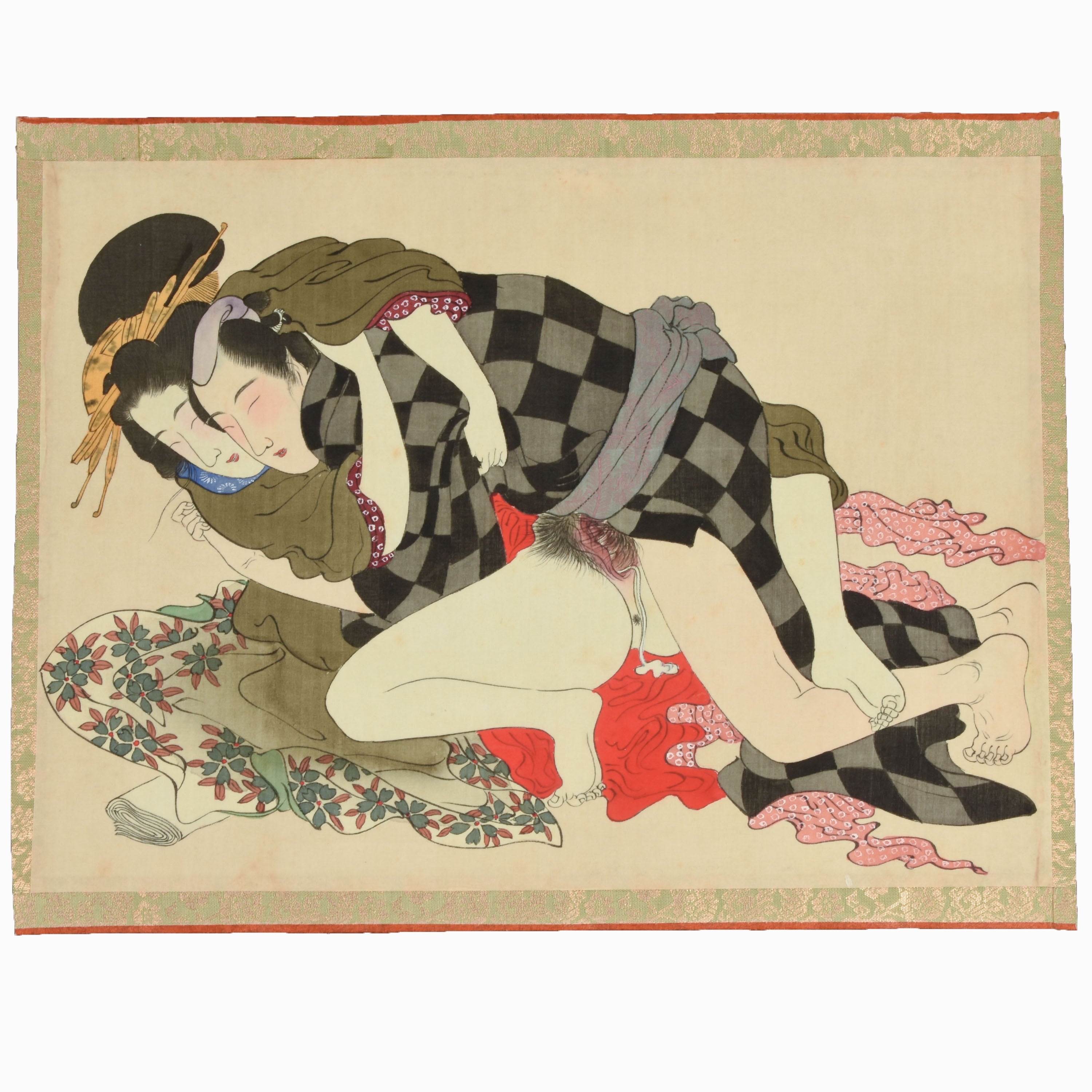 Antique Japanese Shunga painting, Meiji period. Silk brocade mount - in woodblock print format.