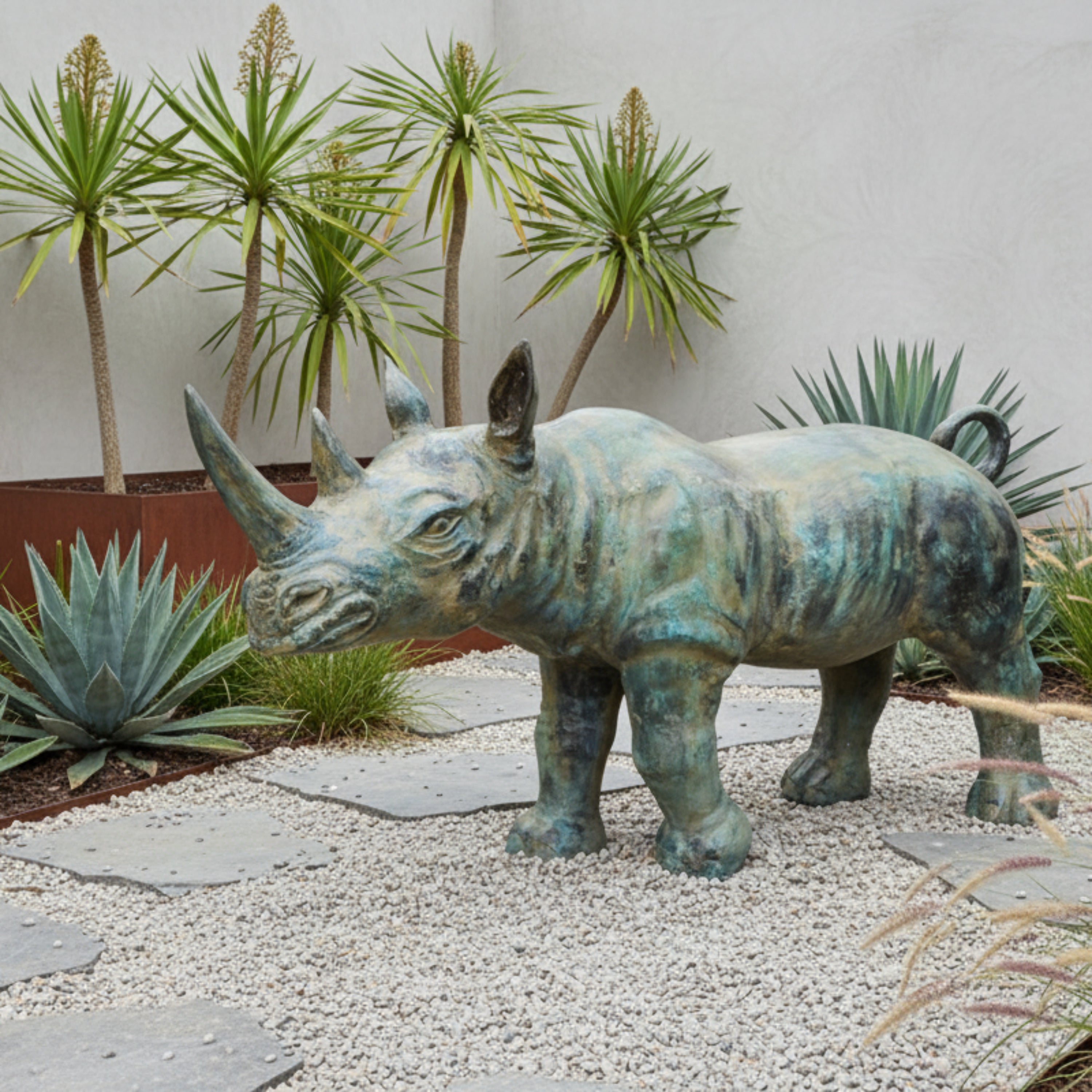 A cast bronze rhinoceros statue with a green patina finish, depicting a rhino in a standing pose.