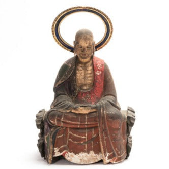 Rare 18th Century arhat Ksitigarbha, also known as Jizo, of lacquered and carved wood.