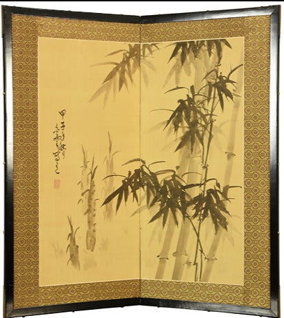 Antique Japanese 2-Panel Screen – Sumi-e Bamboo Painting on Silk with Brocade Border – Meiji Period (19th Century)