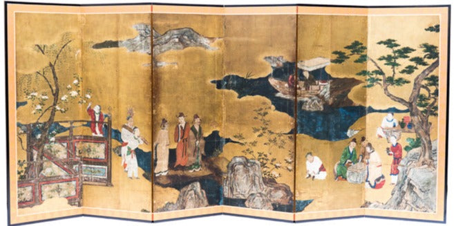 Japanese 6-Panel Screen, 17th Century – Chinese Scholars with a Blossom &amp; Pine Landscape