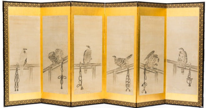 Japanese 6-panel screen with sumi-e ink paintings of birds of prey. Powerful and expressive.