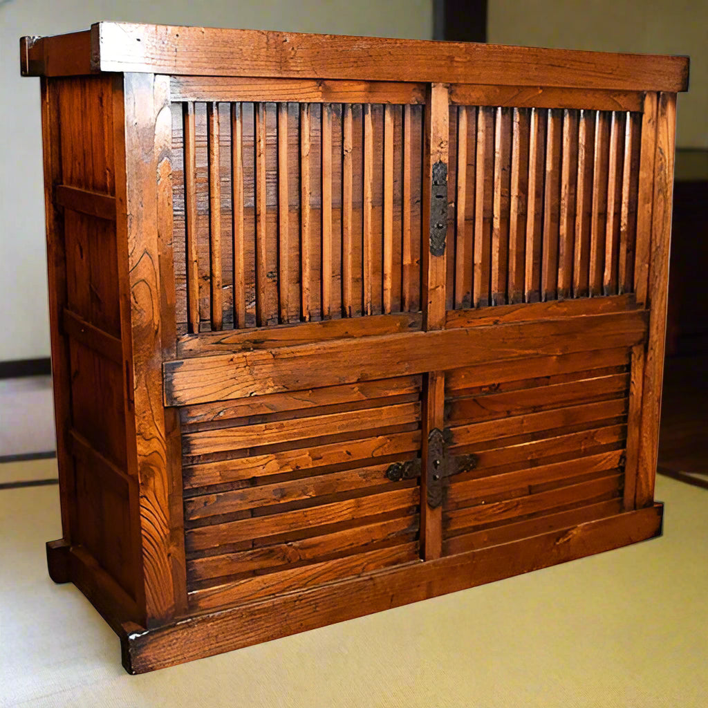 Kazari Substantial Japanese ribbed Mingei Dansu - folk art storage cabinet made from zelkova and cedar woods.
From 18th century, remarkable Edo period example.