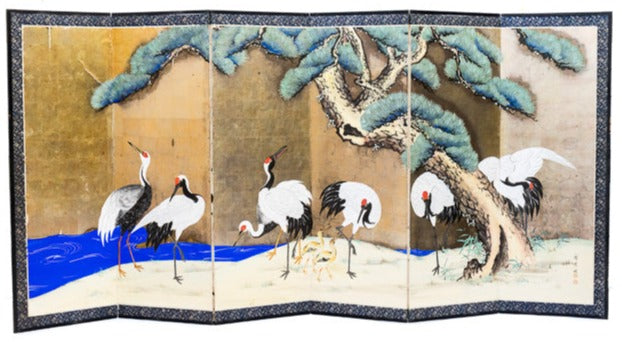 Japanese 6 panel screen featuring baby cranes and a pine tree design.