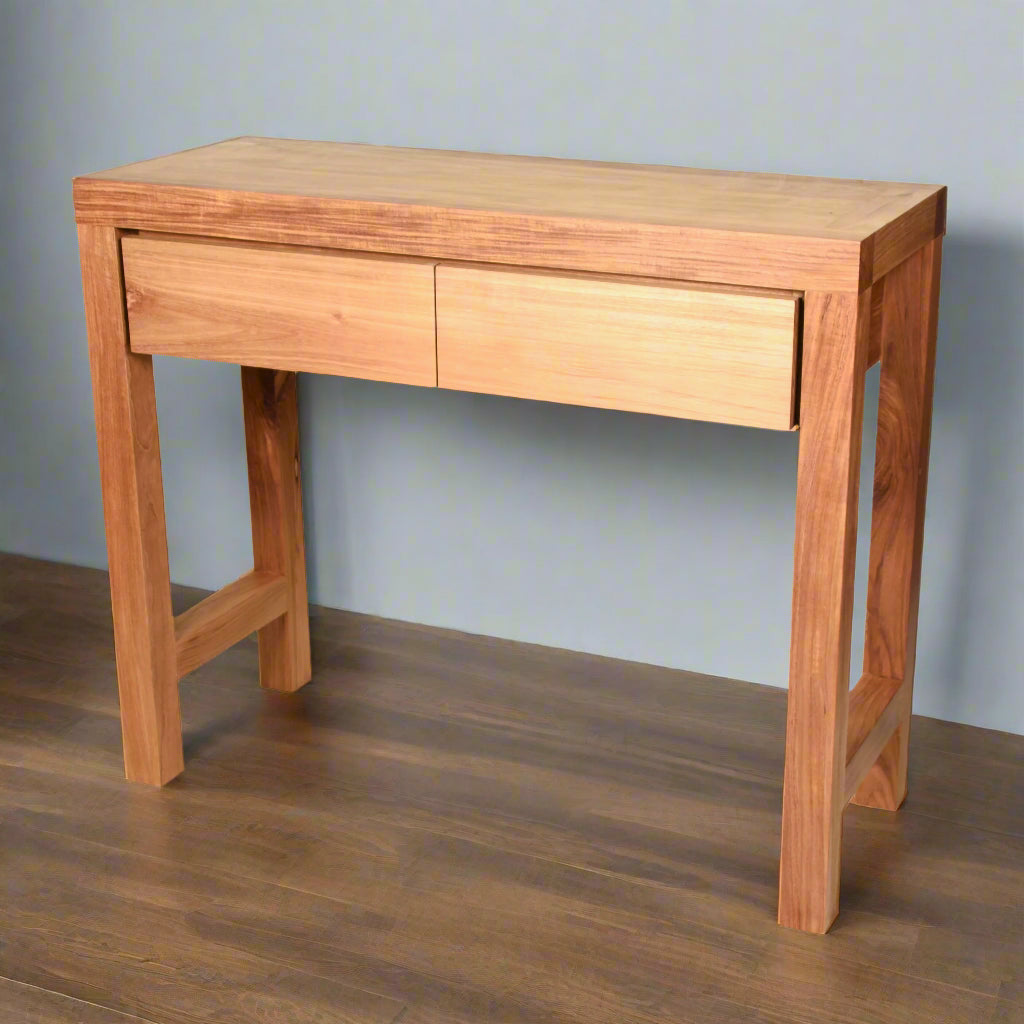 Contemporary Scandinavian style (MCM) 2 drawer console made by fine craftsmen from sustainably sourced solid teak (not veneer or laminate) in a natural wax finish. 

