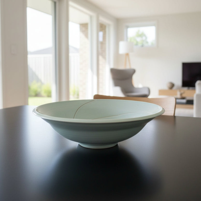 A Japanese pale celadon bowl with unique and beautiful design.