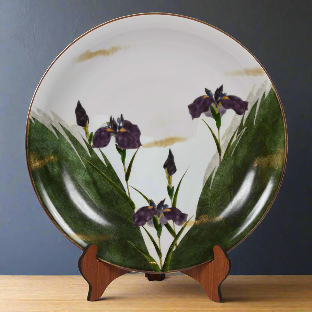 Japanese Large plate with Iris decoration by Artist Mikio Osako born in 1940. His works are in The Metropolitan Museum among others.