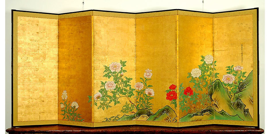Late 17th Century Kano School Peony Landscape 6-Panel Screen, Signed by Kano Chikanobu (Shushin)