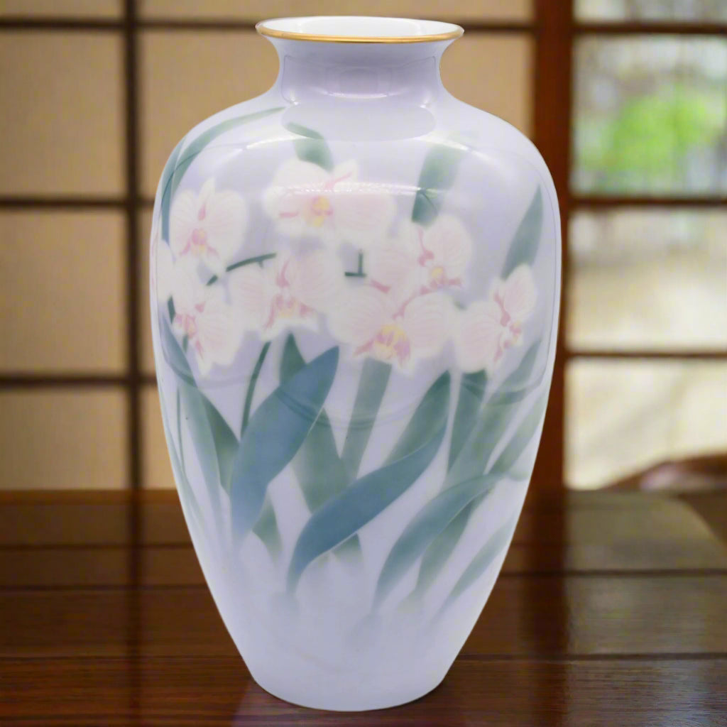 Japanese Arita Porcelain vase with iris stencil glaze design.