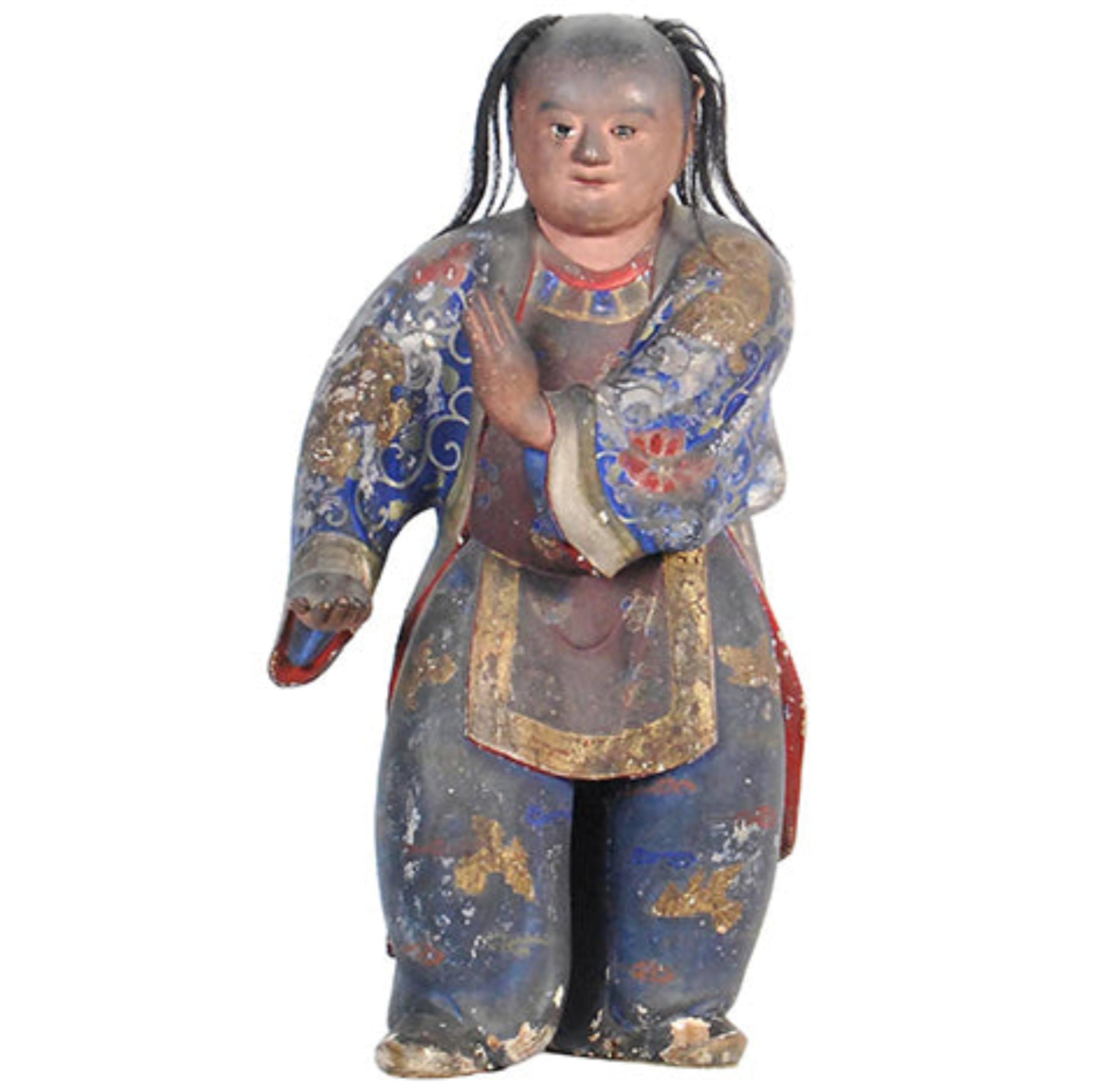 Rare Japanese Buddhist sculpture of a child posing with inset glass eyes and human hair - middle Edo period, circa 1750.
