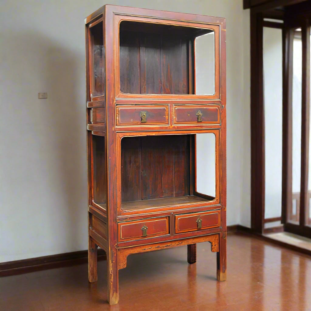 Antique Chinese scholars cabinet for books and objects with a reddish toned lacquer finish and bronze metalwork, c19th
Materials: elm, pine and camphor woods